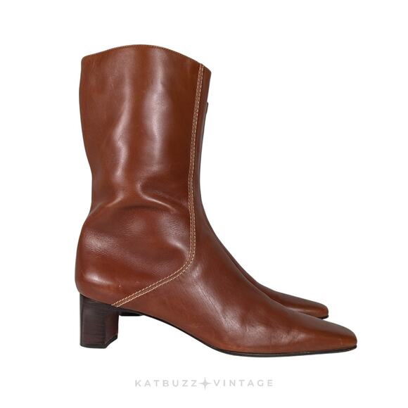 Y2K Cole Haan Boots 8 Brown Kitten Heel Square Toe Zip Calf Ankle 90s Leather - Picture 1 of 15